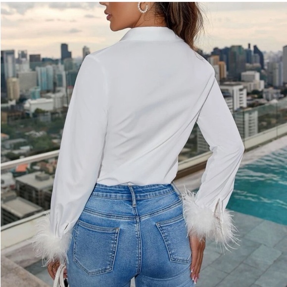 White Feather cuff sleeve button up collared shirt blouse - Picture 3 of 5